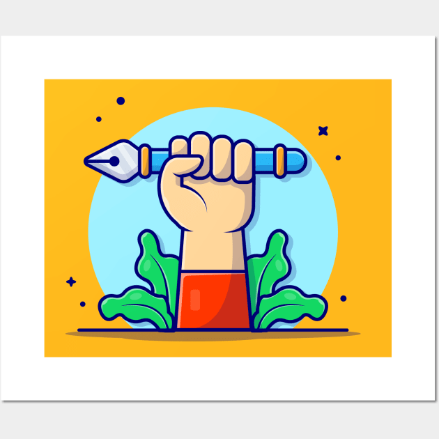 Cute Hand With Pen Tool Cartoon Vector Icon Illustration Wall Art by Catalyst Labs